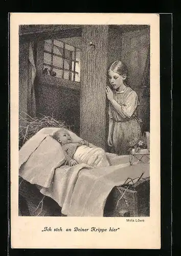 Künstler-AK Meta Löwe: Mädchen bei Baby an der Krippe