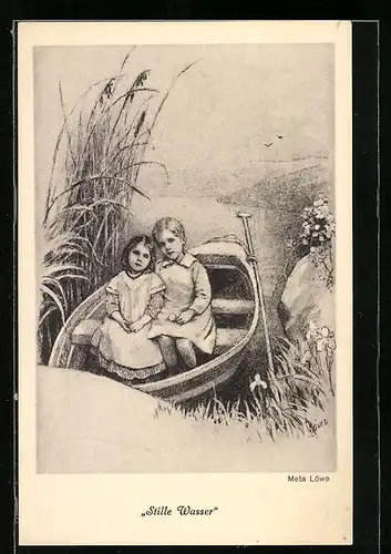 Künstler-AK Meta Löwe: Stille Wasser, Zwei Kinder im Boot