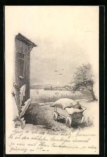 Künstler-AK Meta Löwe: Baby im Karren am Ufer