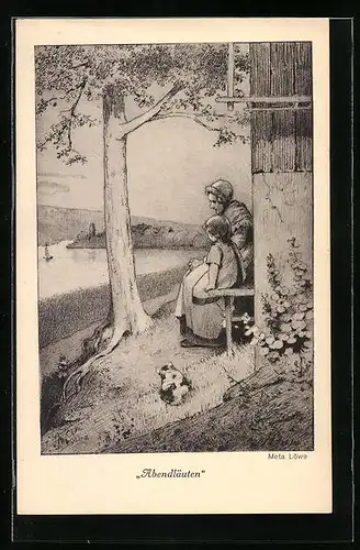 Künstler-AK Meta Löwe: Abendläuten, Frau sitzt mit Mädchen am Ufer