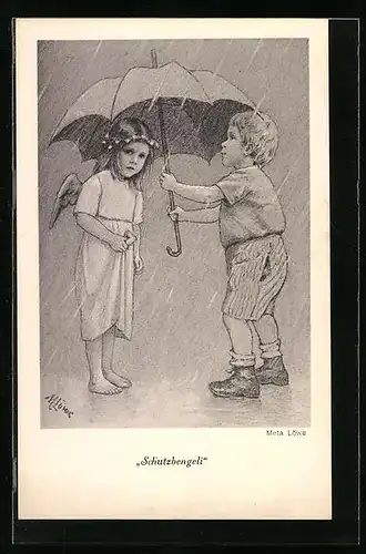Künstler-AK Meta Löwe: Schutzbengeli, Engel bei Jungen unterm Schirm