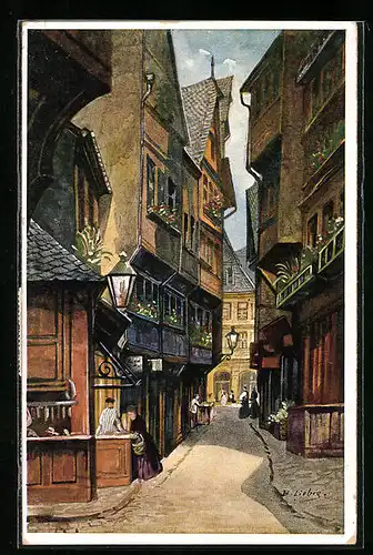 Künstler-AK Bernhard Liebig: Frankfurt a. M., Lange Schirne mit Metzgerei