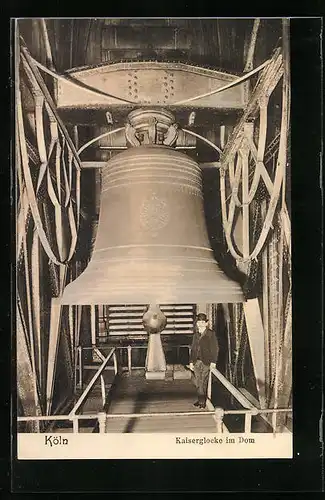 AK Köln, Kaiserglocke im Dom mit Mann