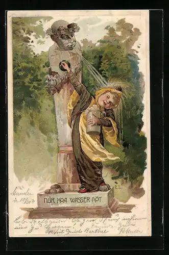 Präge-Lithographie Münchner Kindl mit Bierkrug am Brunnen