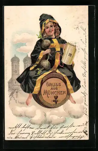 Präge-Lithographie München, Münchner Kindl fliegt auf einem Bierfass, Im Hintergrund Frauenkirche