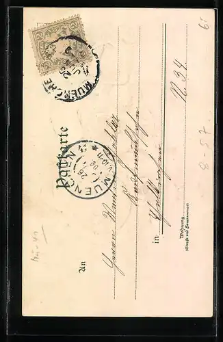 Präge-Lithographie München, Münchner Kindl fliegt auf einem Bierfass, Im Hintergrund Frauenkirche