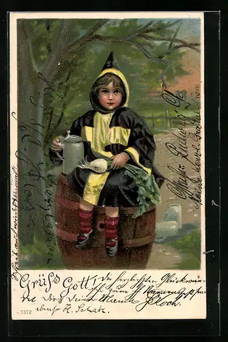 Präge-AK Münchner Kindl mit Bierkrug sitzt auf einem Fass