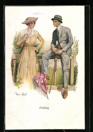 Künstler-AK Hans Leu: Paar am Zaun im Frühling