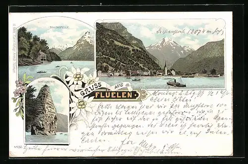 Lithographie Flüelen, Uferpartie mit Dampfer, Tellskapelle, Schillerstein