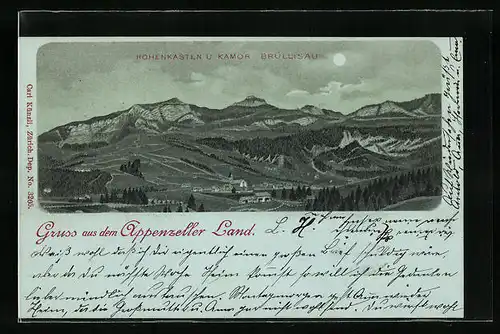 Mondschein-Lithographie Brülisau /Appenzell, Teilansicht mit Hohenkasten und Kamor