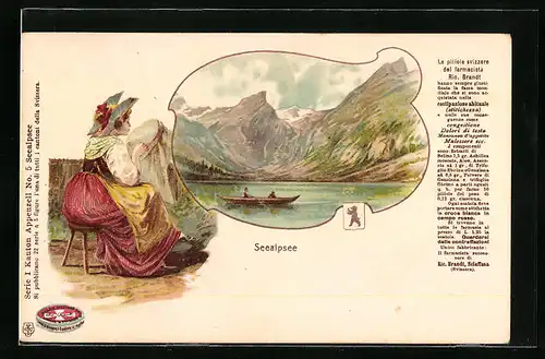 Lithographie Seealpsee, Frau mit Stickrahmen