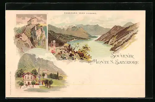 Lithographie Lugano, Monte S. Salvatore, Panorama, Bergbahn