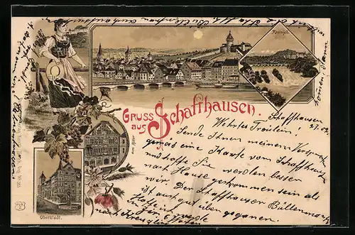 Lithographie Schaffhausen, Gasthaus zum Ritter, Oberstadt, Rheinfall