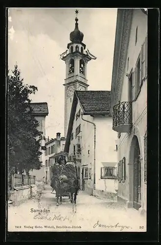 AK Samaden, Strassenpartie mit Turm und Pferdewagen