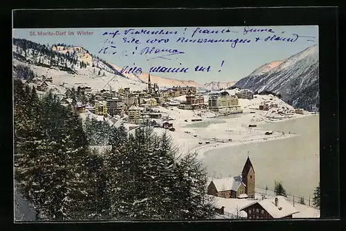 AK St. Moritz-Dorf, Ortsansicht im Winter