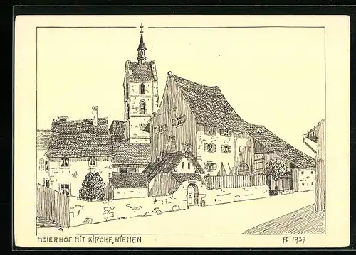 Künstler-AK Riehen, Meierhof mit Kirche