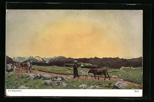 Künstler-AK Giovanni Segantini: Sein, Sonnenaufgang über Gebirgslandschaft