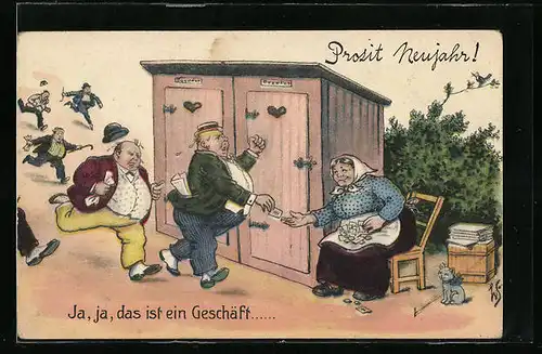 Künstler-AK Willi Scheuermann: Ja, ja, das ist ein Geschäft... - Toilettenfrau, Neujahrsgruss