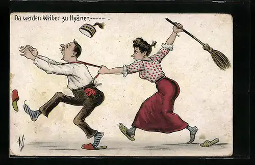 Künstler-AK Willi Scheuermann: Da werden Weiber zu Hyänen - Frau will Mann mit Besen verdreschen