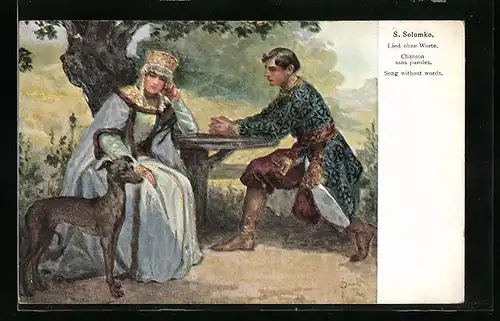 Künstler-AK S. Solomko: Lied ohne Worte - Paar in historischer Kleidung mit Jagdhund