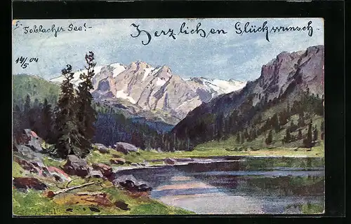 Künstler-AK August Splitgerber: Bergsee mit Gipfelblick