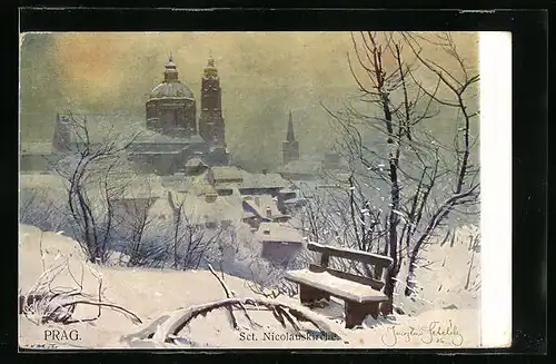 Künstler-AK Jaroslav Setelik: Prag, Sct. Nicolauskirche im Winter