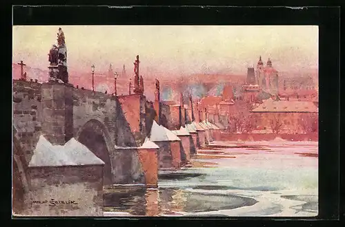 Künstler-AK Jaroslav Setelik: Prag, Karlsbrücke im Winter