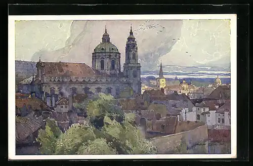 Künstler-AK Jaroslav Setelik: Prague, L`Eglise St. Nikolas prise du Jardin Schönborn