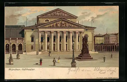 Lithographie München, Hoftheater mit Denkmal