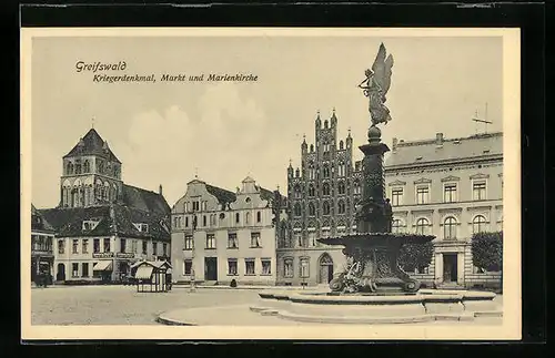 AK Greifswald, Kriegerdenkmal, Markt und Marienkirche