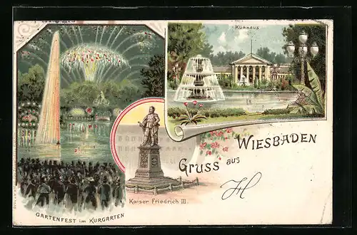 Lithographie Wiesbaden, Kurhaus, Gartenfest im Kurgarten mit Feuerwerk