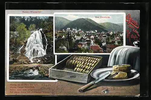 Künstler-AK Bad Harzburg, Radau-Wasserfall, Ortsansicht, Harzer Käse