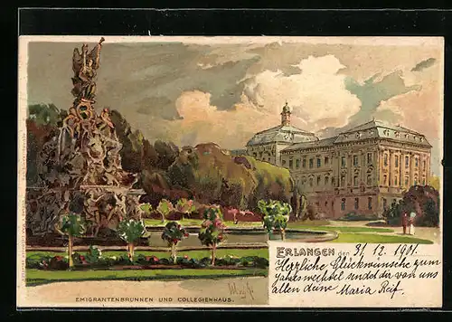 Lithographie Erlangen, Emigrantenbrunnen und Collegienhaus