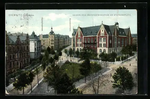 AK Chemnitz-Kassberg, Stephansplatz mit Post, Kastanienstrasse und Enzmannstrasse aus der Vogelschau