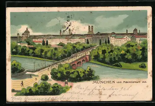 Lithographie München, Ortsansicht vom Maximilianeum aus