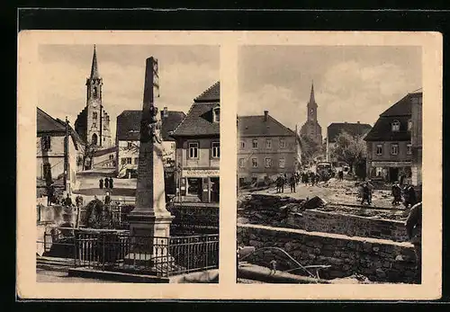 AK Bad Berggiesshübel, Platz an der Brücke vor und nach dem Unwetter 1927