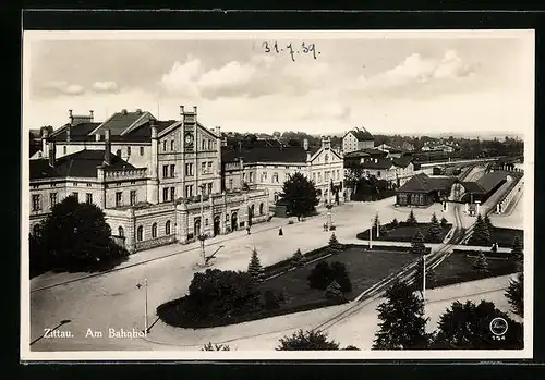 AK Zittau, Bahnhof mit Umgebung aus der Vogelschau