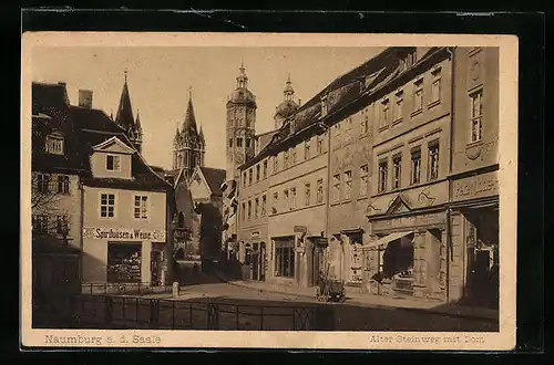 AK Naumburg a. d. Saale, Alter Steinweg mit Geschäften und Blick auf Dom