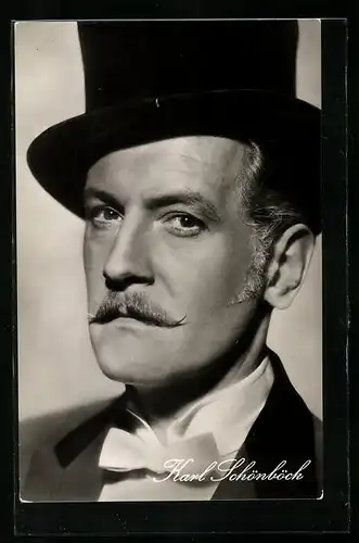 AK Schauspieler Karl Schönböck mit einem Schnurrbart und Hut