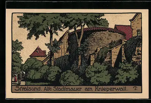 Steindruck-AK Stralsund, Alte Stadtmauer am Knieperwall