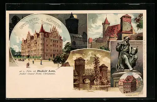 Künstler-AK Nürnberg, Grand Hotel Carl Schnorr, Dürer-Haus, Hans Sachs Monument