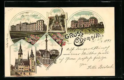 Lithographie Chemnitz, Das alte Rathaus und Siegesdenkmal