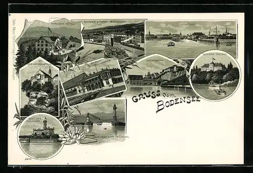 Lithographie Konstanz, Hafeneinfahrt am Bodensee, Pfänder Hotel, Schloss Monfort