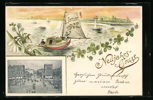 Lithographie Berlin, Strassenverkehr am Halleschen Tor, Neujahrsgrüsse