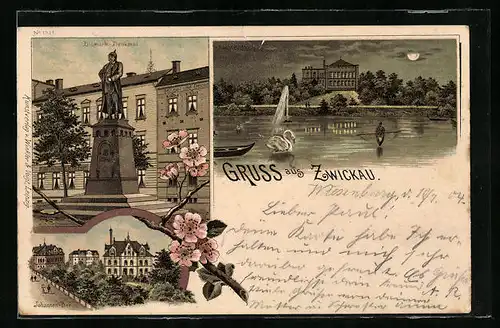 Lithographie Zwickau i. Sa., Bismarckdenkmal, Johannesbad und Schwanenteich