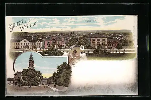 Lithographie Weimar, Totalansicht aus der Vogelschau mit Schloss