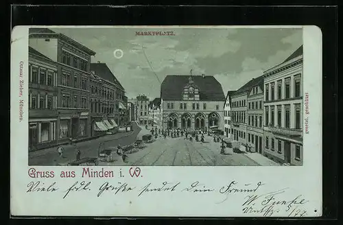 Mondschein-Lithographie Minden i. W., Strassenpartie am Marktplatz