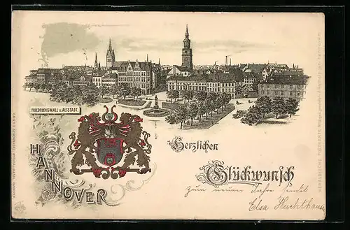 Lithographie Hannover, Totalansicht mit Friedrichswall und Altstadt, Wappen