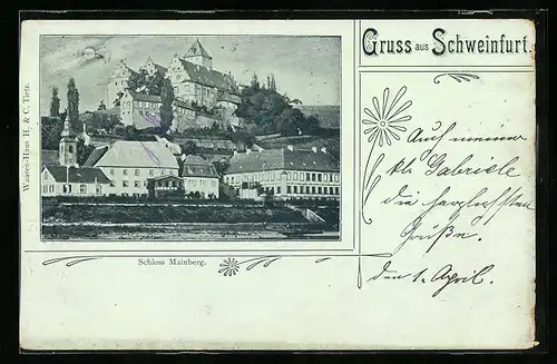 Mondschein-AK Schweinfurt, Ortsansicht mit Blick zum Schloss Mainberg