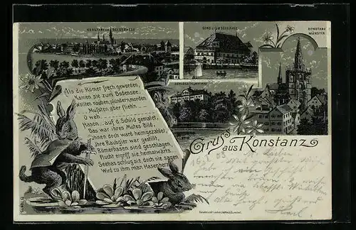 Mondschein-Lithographie Konstanz, Totalansicht v. d. Seestrasse, Conciliumsgebäude, Schloss Mainau